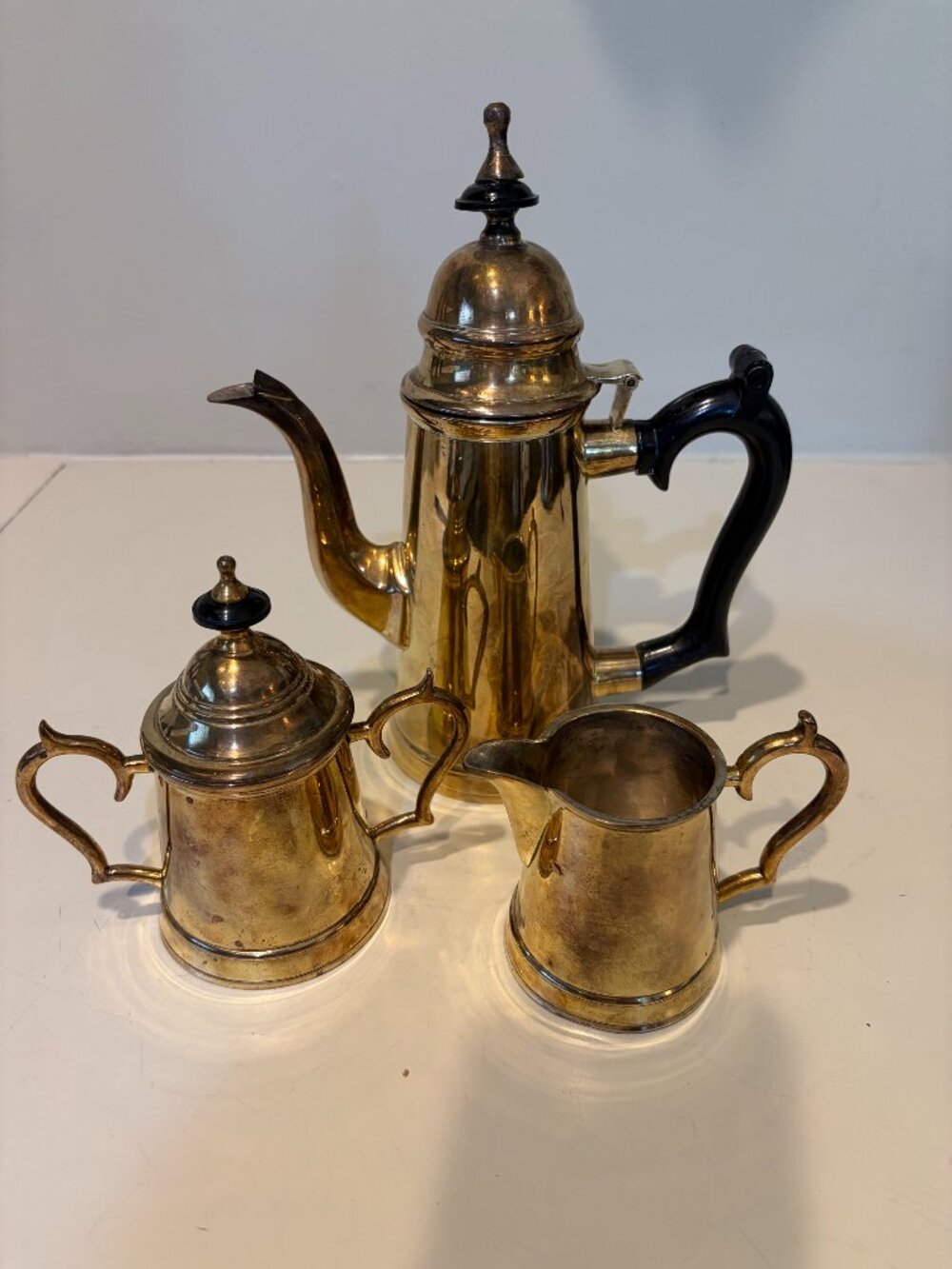 VINTAGE SOLID BRASS MID CENTURY COFFEE SERVIC SET BLACK HANDLE Made in India